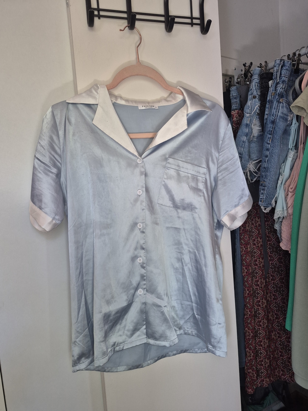 Satin Button-Up Pajama Top in Light Blue with White Trim